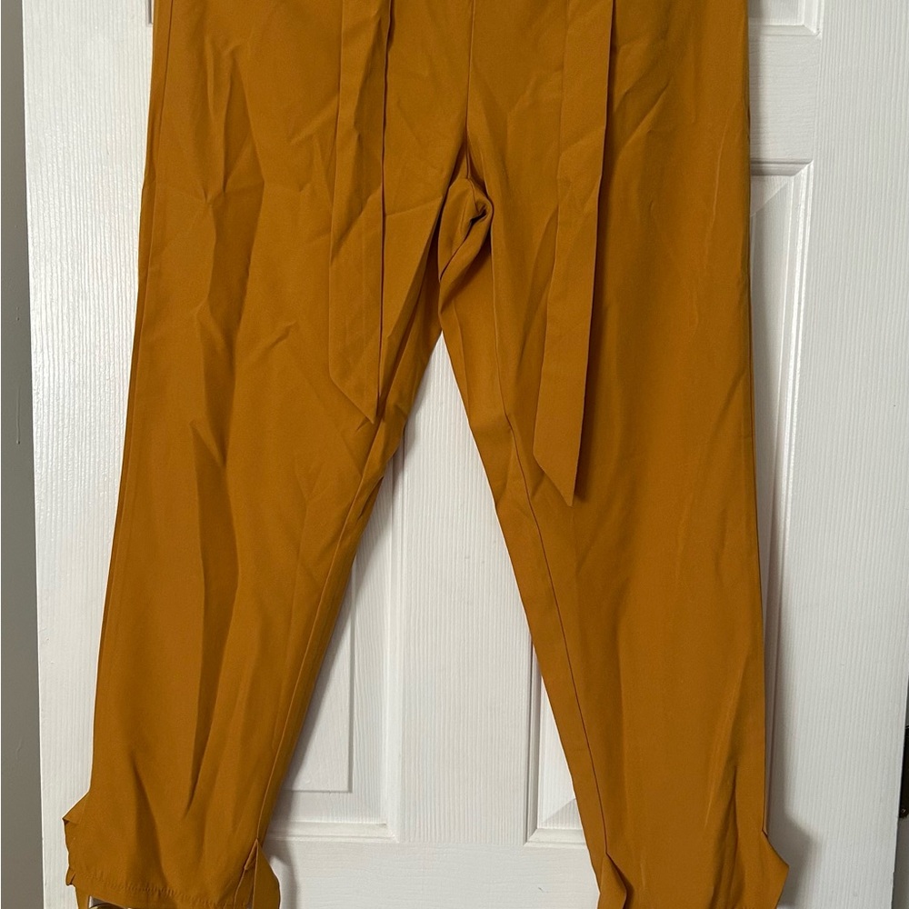 Mustard/Yellow Womens large High Waist Pencil Pants Pockets Bow-Knot Cropped 045